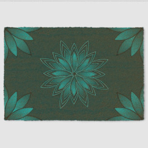 Teal Leaf Mandala Design on Dark Cyan Fiber Doormat