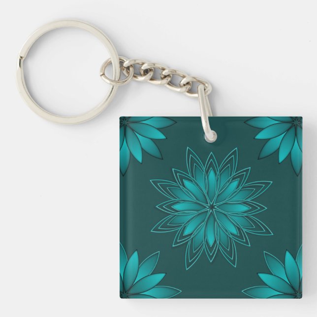 Teal Leaf Mandala Design on Dark Cyan Keychain (Front)