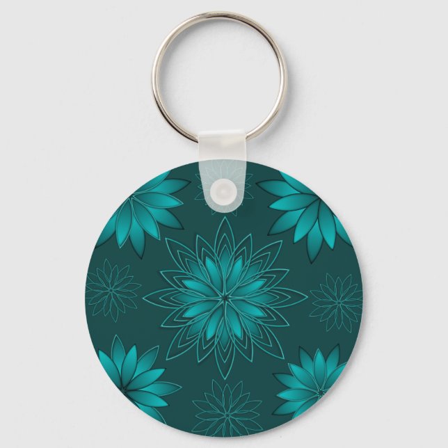 Teal Leaf Mandala Design on Dark Cyan Keychain (Back)