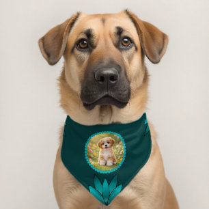 Teal Leaf Mandala Design on Dark Cyan Pet Bandana Collar