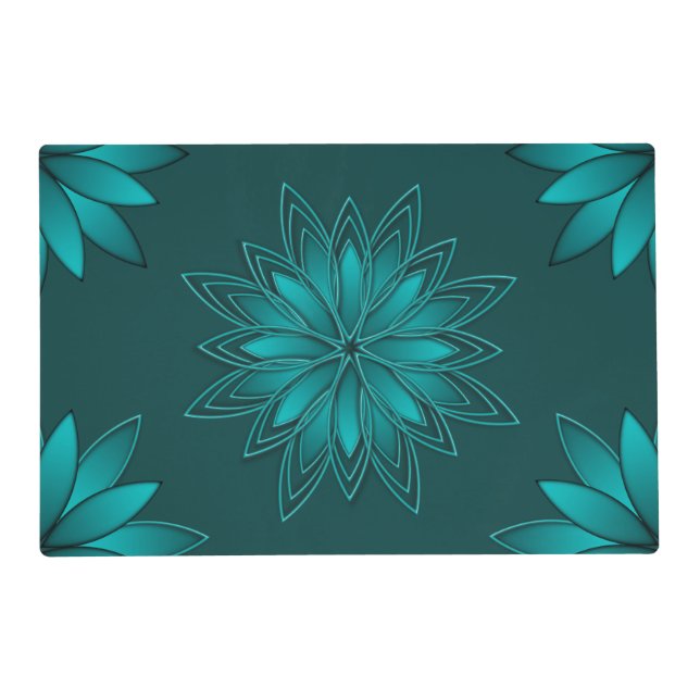 Teal Leaf Mandala Design on Dark Cyan Placemat (Front)