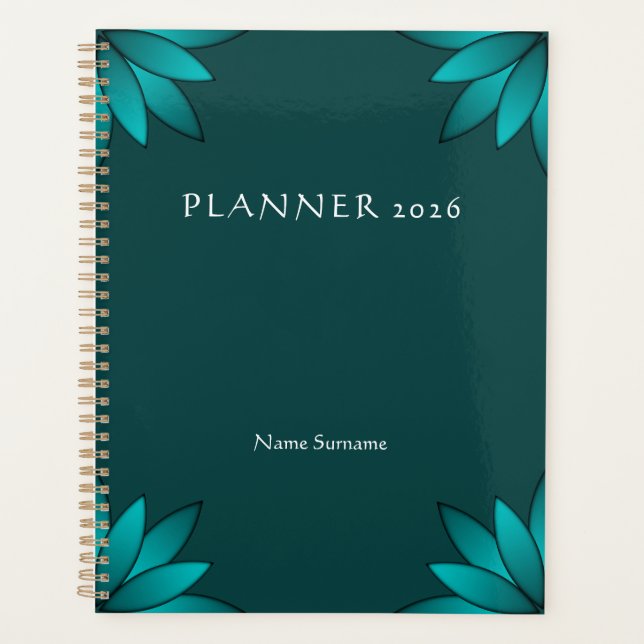 Teal Leaf Mandala Design on Dark Cyan Planner (Front)