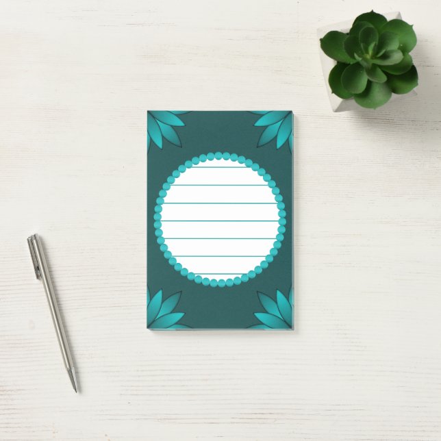 Teal Leaf Mandala Design on Dark Cyan Post-it Notes (Office)