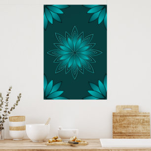Teal Leaf Mandala Design on Dark Cyan Poster
