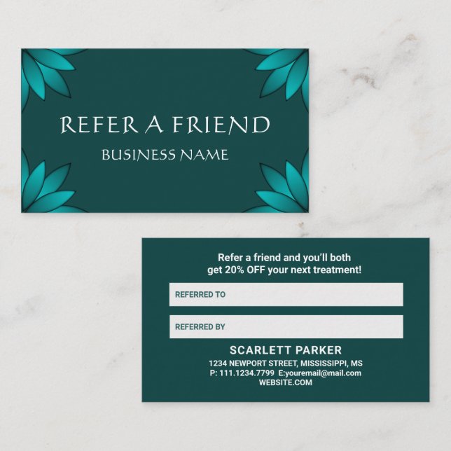 Teal Leaf Mandala Design on Dark Cyan Referral Card (Front/Back)