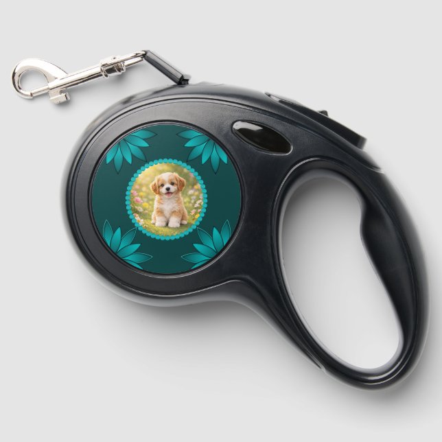 Teal Leaf Mandala Design on Dark Cyan Retractable Pet Leash (Front)