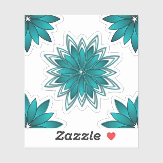 Teal Leaf Mandala Design on Dark Cyan Sticker (Sheet)