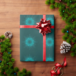 Teal Leaf Mandala Design on Dark Cyan Wrapping Paper