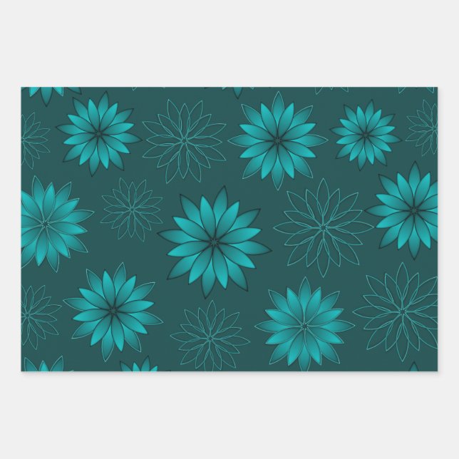 Teal Leaf Mandala Design on Dark Cyan Wrapping Paper Sheets (Front 3)
