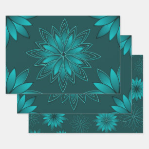 Teal Leaf Mandala Design on Dark Cyan Wrapping Paper Sheets