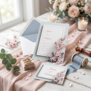 Teal Leaf Pink Sakura Textured Frame Wedding Invitation