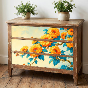 Teal Leaf Vintage Sunflower Branch Decoupage Tissue Paper