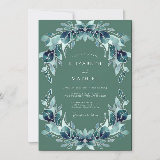 Teal Leafy Wedding Invitation (Front)