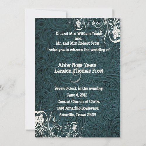 Teal Leather and White Lace Wedding Invitation