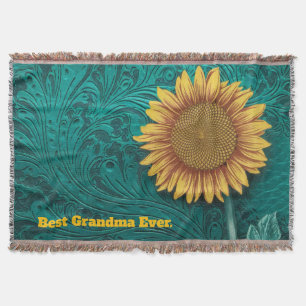 Teal Leather Tooled Yellow Sunflower Best Grandma Throw Blanket