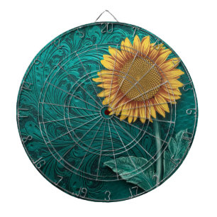 Teal Leather Tooled Yellow Sunflower Dart Board