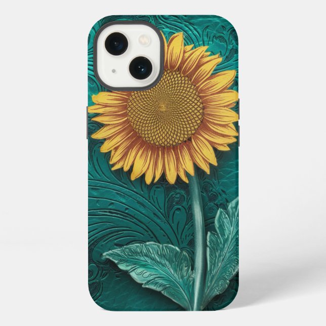 Teal Leather Tooled Yellow Sunflower Iphone Case (Back)