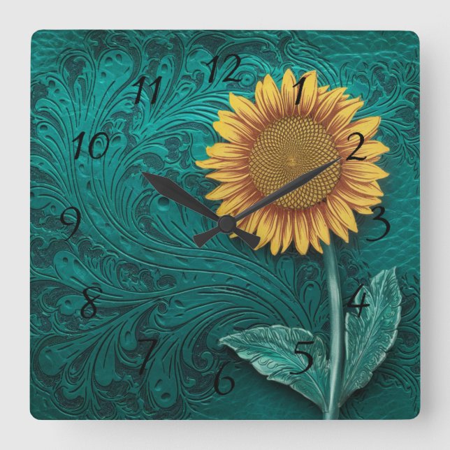 Teal Leather Tooled Yellow Sunflower Square Wall Clock (Front)