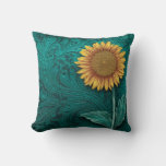 Teal Leather Tooled Yellow Sunflower Throw Pillow