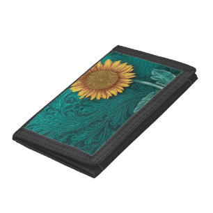Teal Leather Tooled Yellow Sunflower Tri-fold Wallet