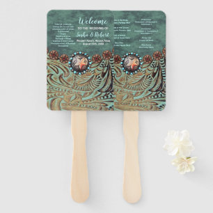 Teal leather western country wedding programs hand fan