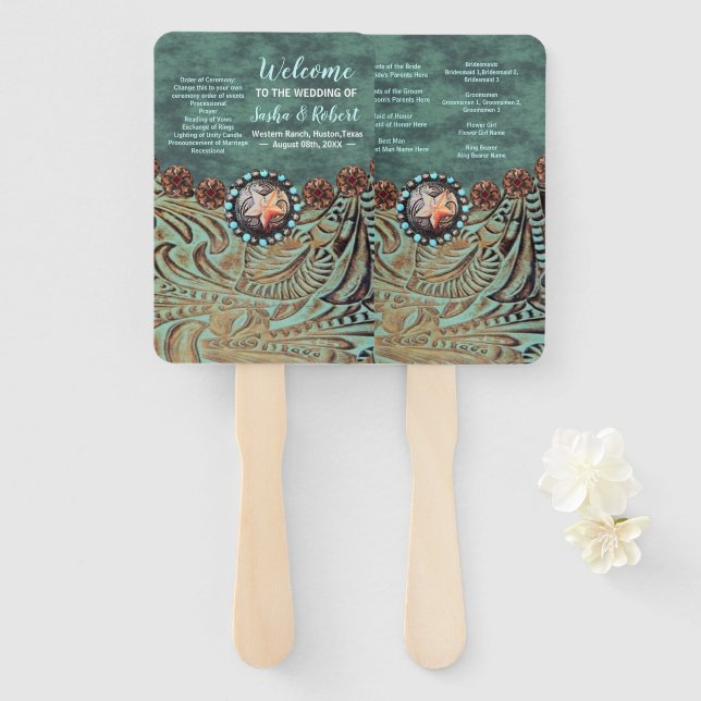 Teal leather western country wedding programs hand fan (Front and Back)