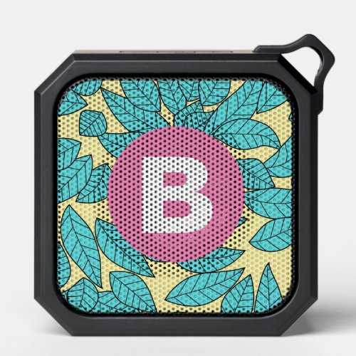 Teal Leaves Botanical Pattern Bright Pink Monogram Bluetooth Speaker