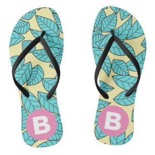Teal Leaves Botanical Pattern Bright Pink Monogram Flip Flops