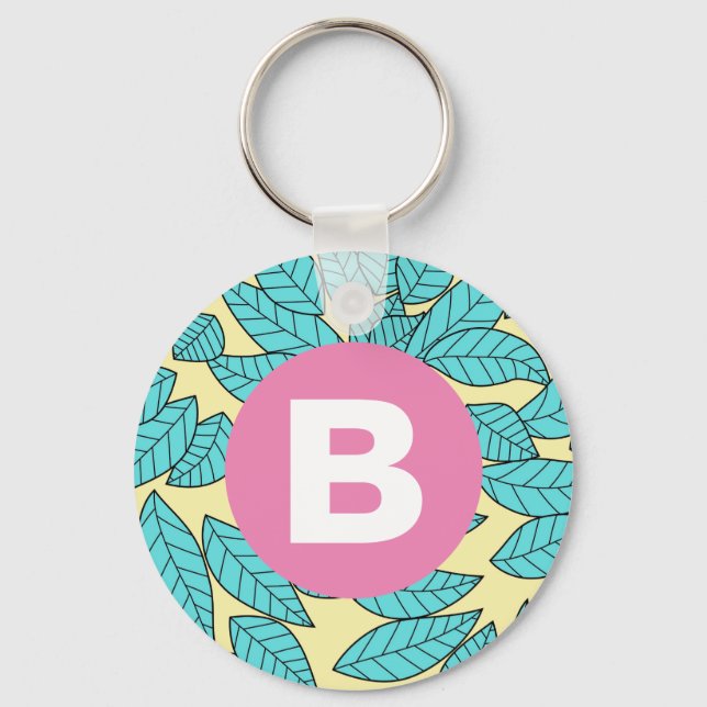 Teal Leaves Botanical Pattern Bright Pink Monogram Keychain (Front)