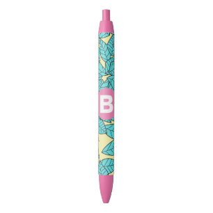 Teal Leaves Botanical Pattern Bright Pink Monogram Pen