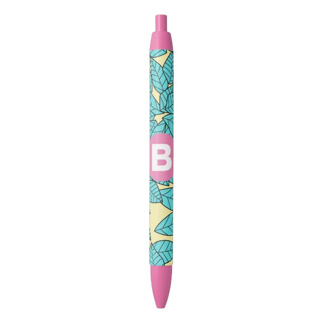 Teal Leaves Botanical Pattern Bright Pink Monogram Pen (Front Vertical)