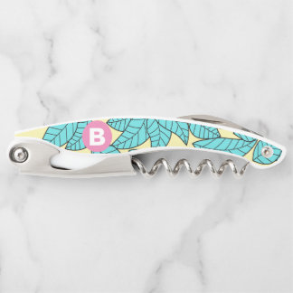 Teal Leaves Botanical Pattern Bright Pink Monogram Waiter's Corkscrew