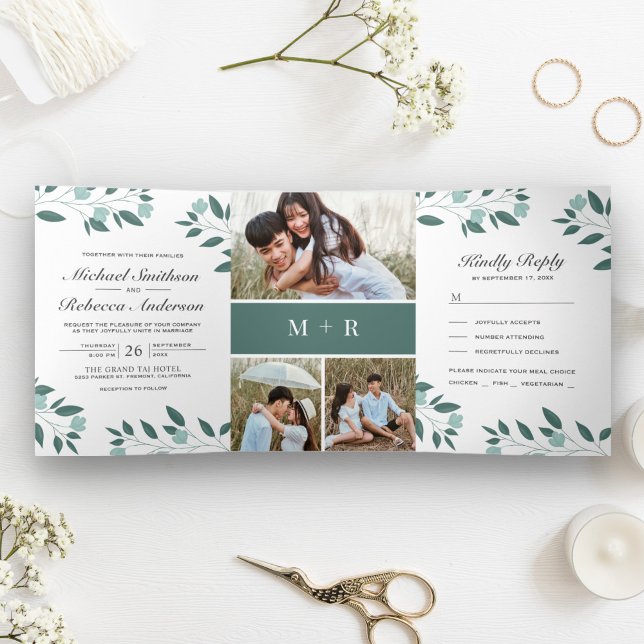 Teal Leaves Branch 3 in 1 Photo Collage Wedding Tri-Fold Invitation (Creator Uploaded)
