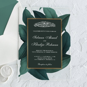 Teal Leaves Gold Border Islamic Muslim Wedding Acrylic Invitations