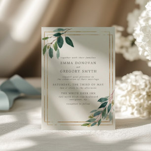 Teal Leaves Gold Frame Botanical Greenery Wedding Invitation