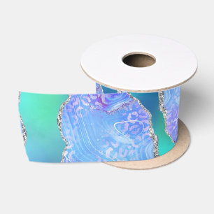 Teal Leopard Agate   Glam Abstract Stone Pattern Satin Ribbon
