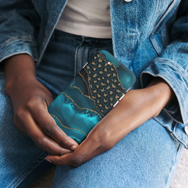Teal & Leopard Agate Phone Case – Turquoise Gold G (Teal Leopard Agate Collection – Gold Glitter Designs)