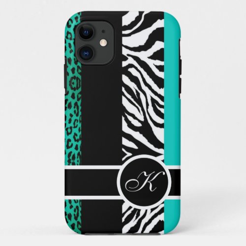 Teal Leopard and Zebra Animal Print Monogram iPhone 11 Case