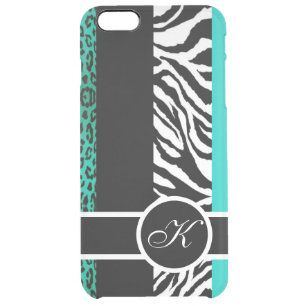 Teal Leopard and Zebra Animal Print Monogram Clear iPhone 6 Plus Case