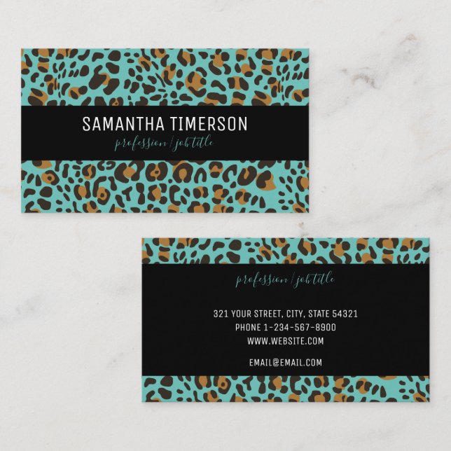  Teal Leopard Animal Print Modern Professional Business Card (Front/Back)