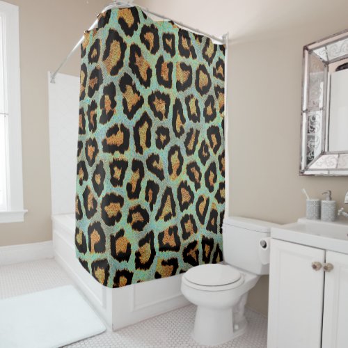 Teal leopard chic animal print shower curtain