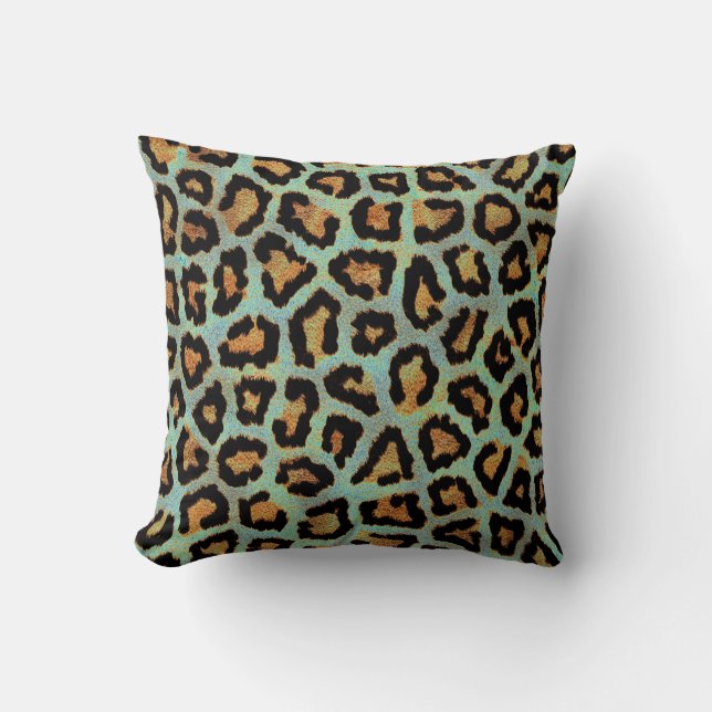 Teal leopard chic animal print throw pillow (Front)