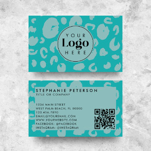 Teal Leopard Print Custom Company Logo QR Code Business Card
