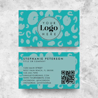 Teal Leopard Print Custom Company Logo QR Code Business Card