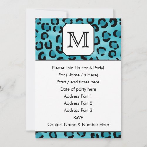 Teal Leopard Print, Custom Monogram. Custom Invites