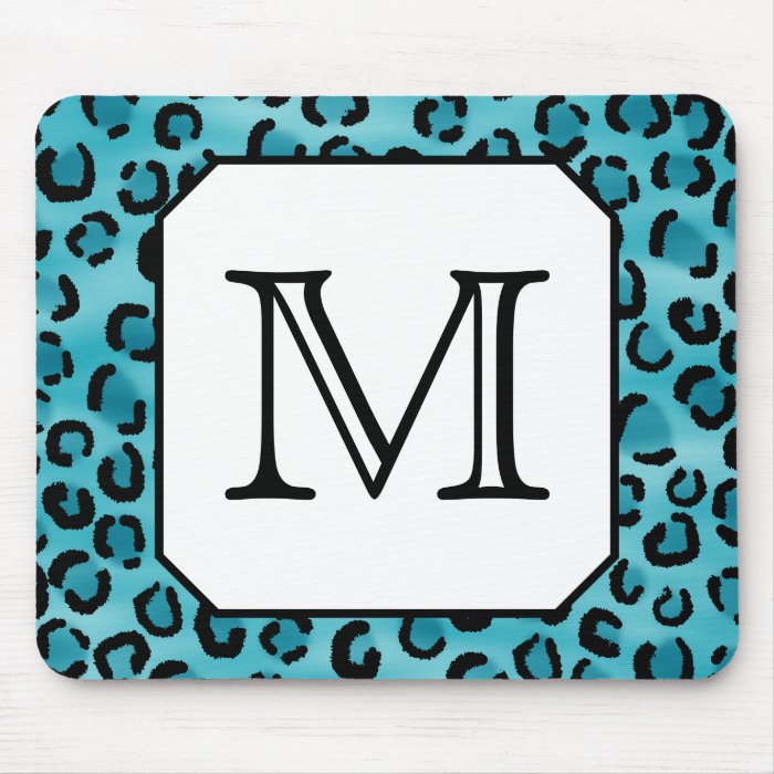 Teal Leopard Print, Custom Monogram. Mousepads