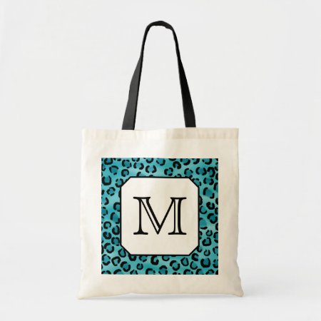Teal Leopard Print, Custom Monogram. Tote Bag