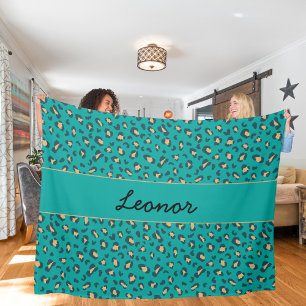 Teal Leopard Print Gold Editable Name Fleece Blanket