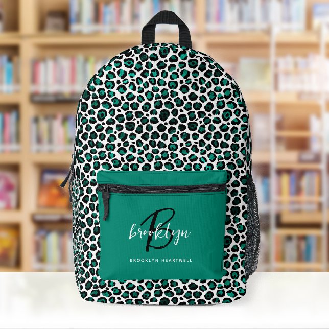 Teal Leopard Print Monogram Name Back to School Printed Backpack (Creator Uploaded)