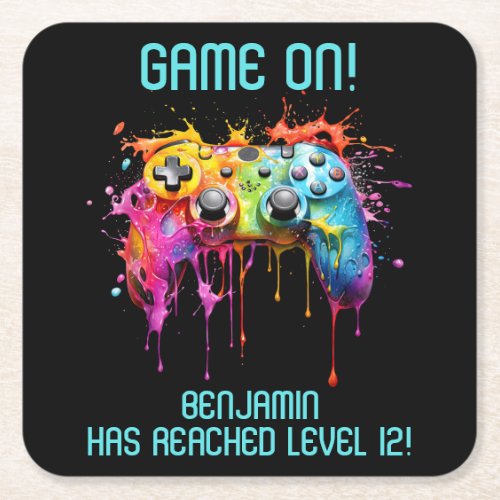 Teal Level Up Video Game Party Square Paper Coaster